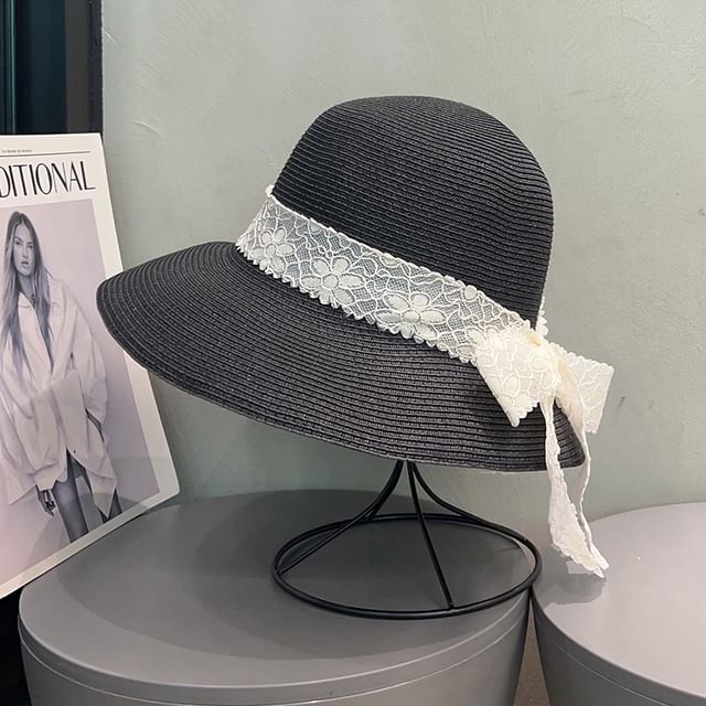 Straw Bucket Lace Ribbon Hat