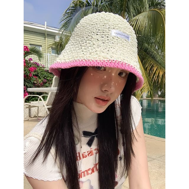 Applique Contrast Bucket Lettering Hat Knit Trim