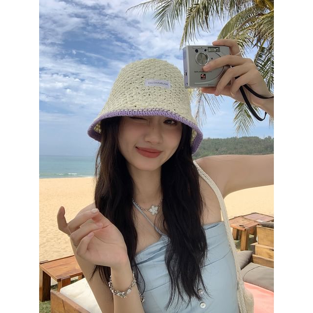 Applique Contrast Bucket Lettering Hat Knit Trim