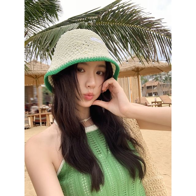 Applique Contrast Bucket Lettering Hat Knit Trim