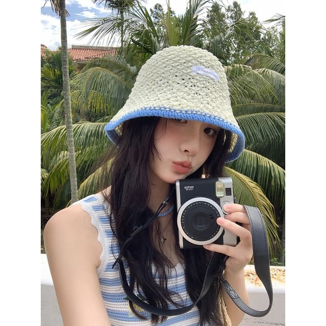 Applique Contrast Bucket Lettering Hat Knit Trim