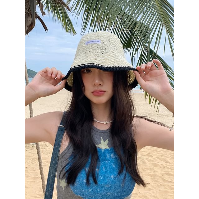 Applique Contrast Bucket Lettering Hat Knit Trim