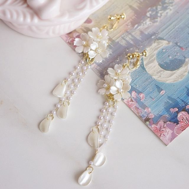 Sterling Earring 925 Flower Clip-On Drop Silver Pearl Faux /