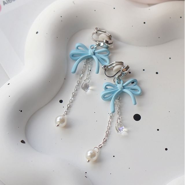 Drop Earring Faux Sterling Silver Bow Clip-On Pearl / 925