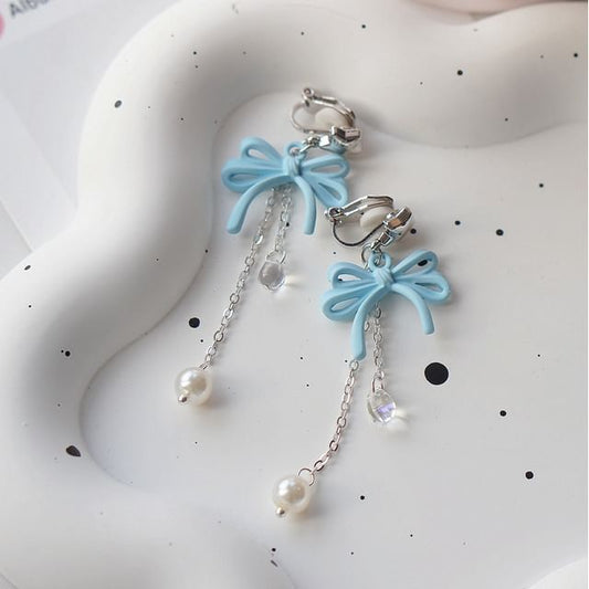Drop Earring Faux Sterling Silver Bow Clip-On Pearl / 925