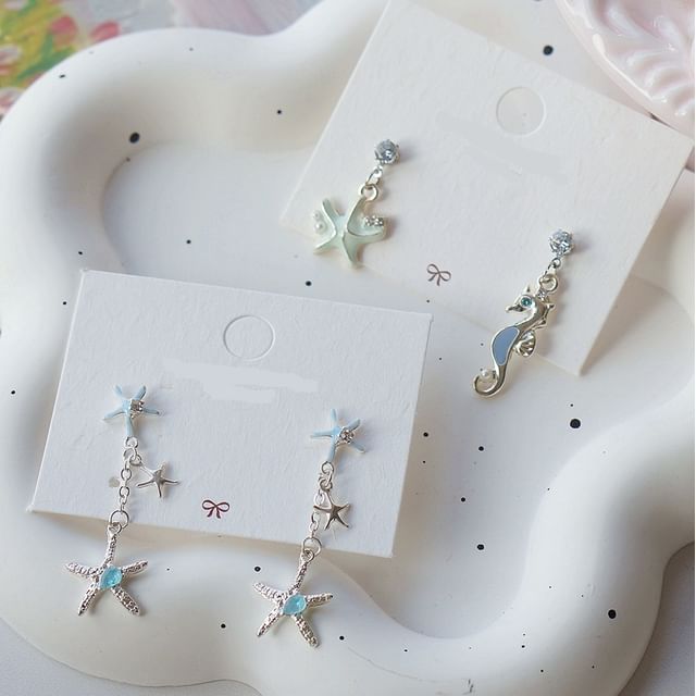 Clip-On Rhinestone Silver Earring Sterling Starfish 925 Drop /