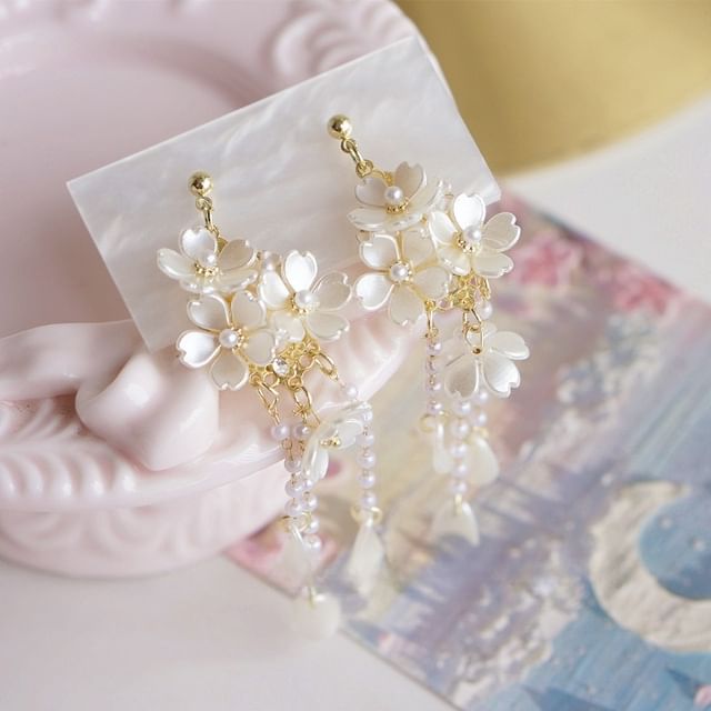 Sterling Earring 925 Flower Clip-On Drop Silver Pearl Faux /