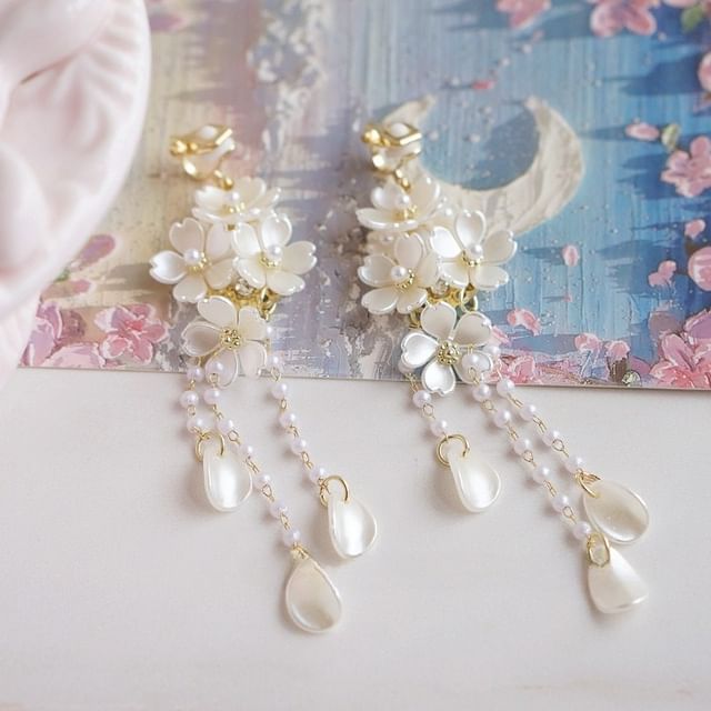 Sterling Earring 925 Flower Clip-On Drop Silver Pearl Faux /