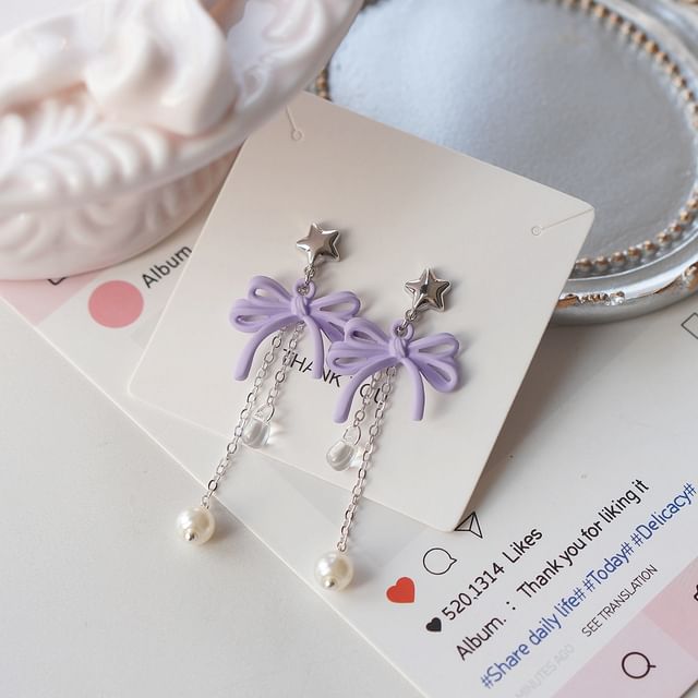 Drop Earring Faux Sterling Silver Bow Clip-On Pearl / 925