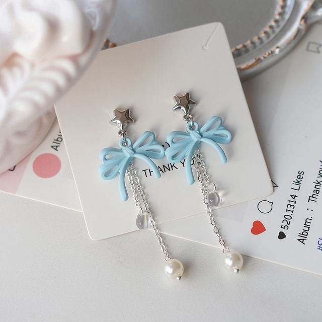 Drop Earring Faux Sterling Silver Bow Clip-On Pearl / 925