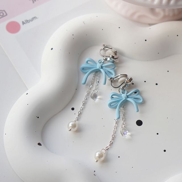 Drop Earring Faux Sterling Silver Bow Clip-On Pearl / 925