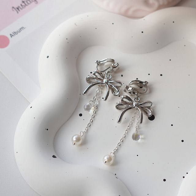 Drop Earring Faux Sterling Silver Bow Clip-On Pearl / 925