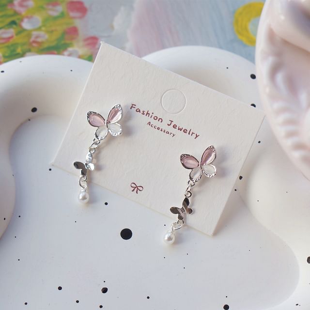 925 Sterling Silver Butterfly Faux Pearl Drop Earring / Clip-On Earring
