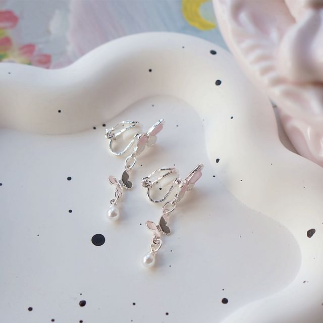 925 Sterling Silver Butterfly Faux Pearl Drop Earring / Clip-On Earring