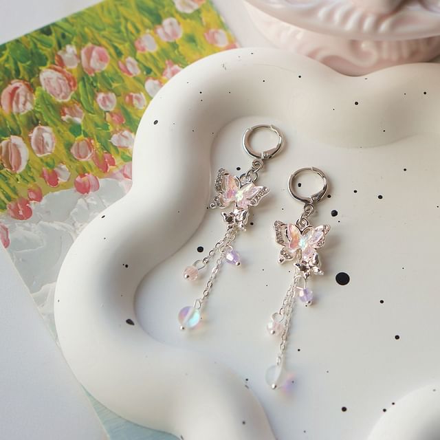 Butterfly Drop Bead / Sterling 925 Silver Clip-On Earring