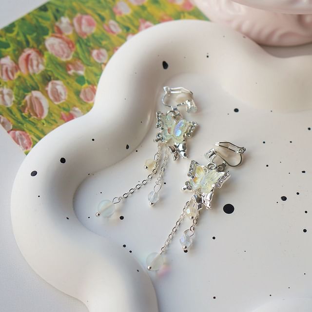 Butterfly Drop Bead / Sterling 925 Silver Clip-On Earring