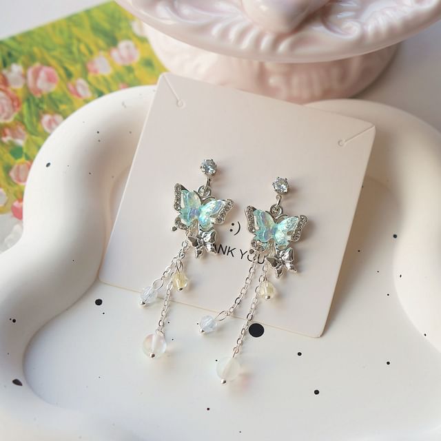 Butterfly Drop Bead / Sterling 925 Silver Clip-On Earring