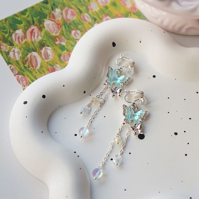 Butterfly Drop Bead / Sterling 925 Silver Clip-On Earring