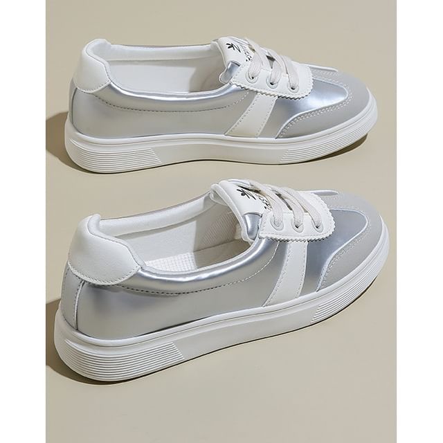 Lace-Up Leather Sneakers Block Color Faux