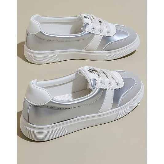 Lace-Up Leather Sneakers Block Color Faux