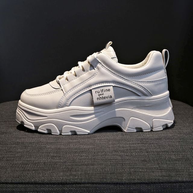 Platform Lace-Up Sneakers Plain Leather Faux