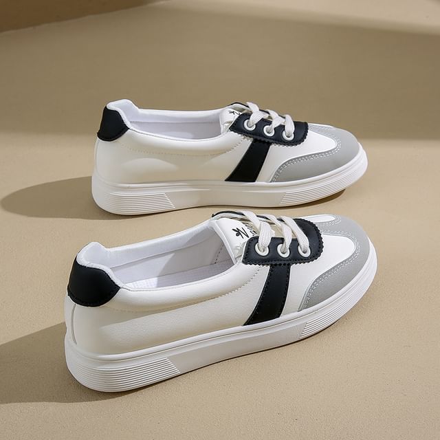 Lace-Up Leather Sneakers Block Color Faux