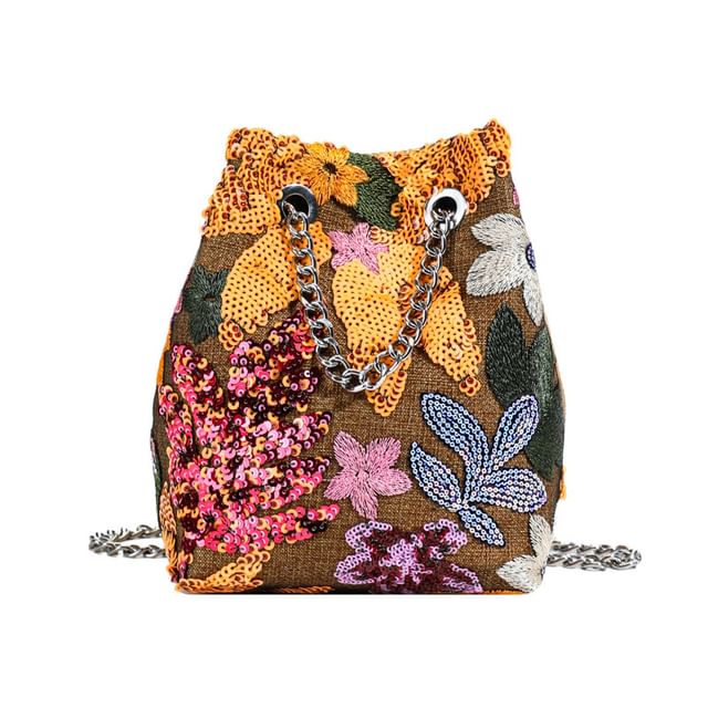 Sequin Embroidered Bucket Bag / Strap Faux Leaf Studded Chain