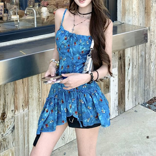 Tie-Up Asymmetrical Top Cami Floral Print