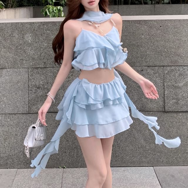 Mini Ruffle A-Line Waist Crop Top Tiered High / Skirt Camisole Plain