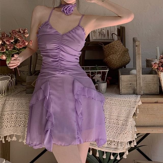 Spaghetti Strap Dress Plain Mini A-Line Ruffle Ruched