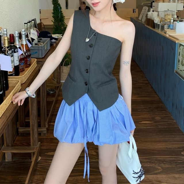 A-Line Balloon Drawstring Sleeveless One Shoulder Skirt Plain Waist / Top Button Mini