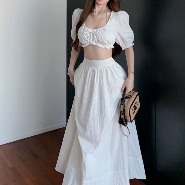 Bow A-Line Plain / High Maxi Scoop Frill Sleeveless Skirt Crop Rise Neck Blouse