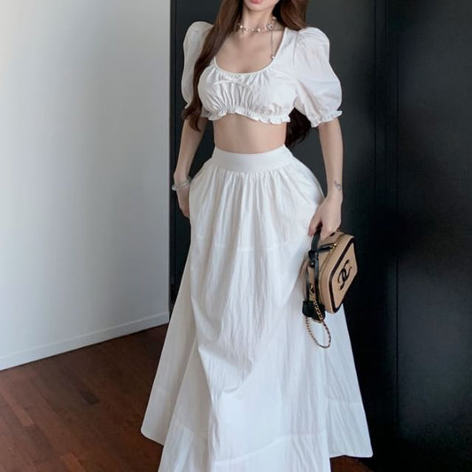 Bow A-Line Plain / High Maxi Scoop Frill Sleeveless Skirt Crop Rise Neck Blouse