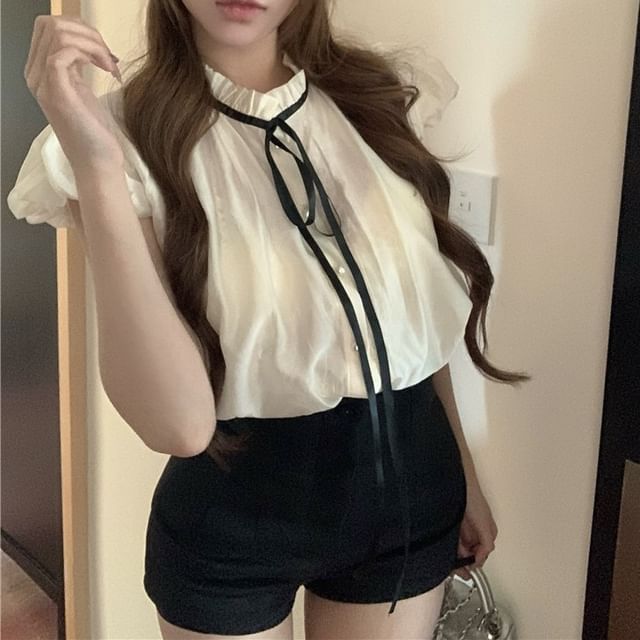 Blouse Plain High Collar Stand Bow Waist Cap Sleeve Frill / Shorts