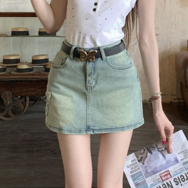 Denim Skirt Rise Applique High Washed Mini A-Line Butterfly