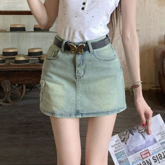 Denim Skirt Rise Applique High Washed Mini A-Line Butterfly