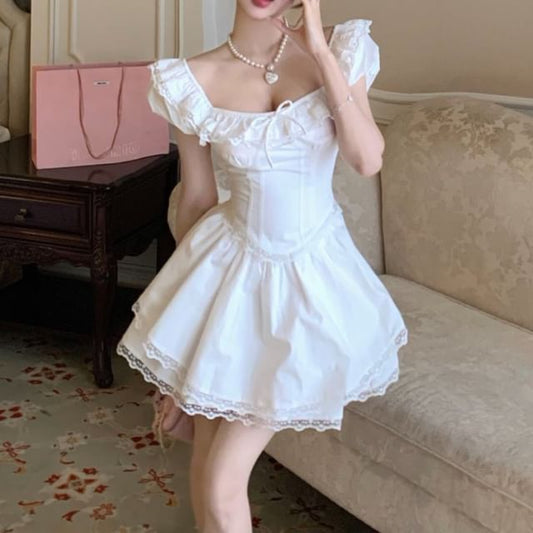 Bow Cap Skirt Blouse Lace Trim / Square Plain Mini Sleeve High Ruffle Neck A-Line Waist