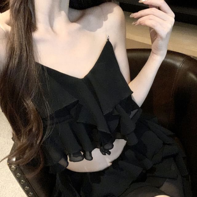 Mini Ruffle A-Line Waist Crop Top Tiered High / Skirt Camisole Plain