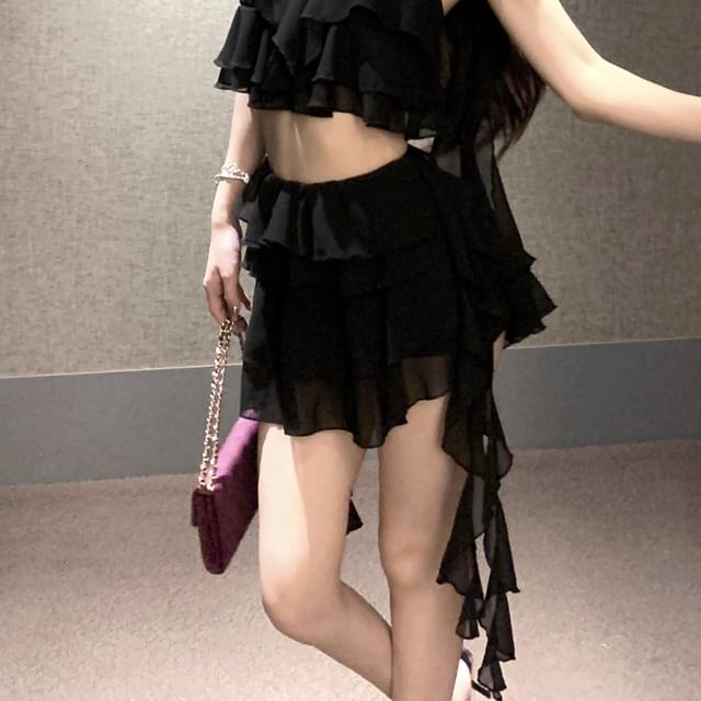 Mini Ruffle A-Line Waist Crop Top Tiered High / Skirt Camisole Plain