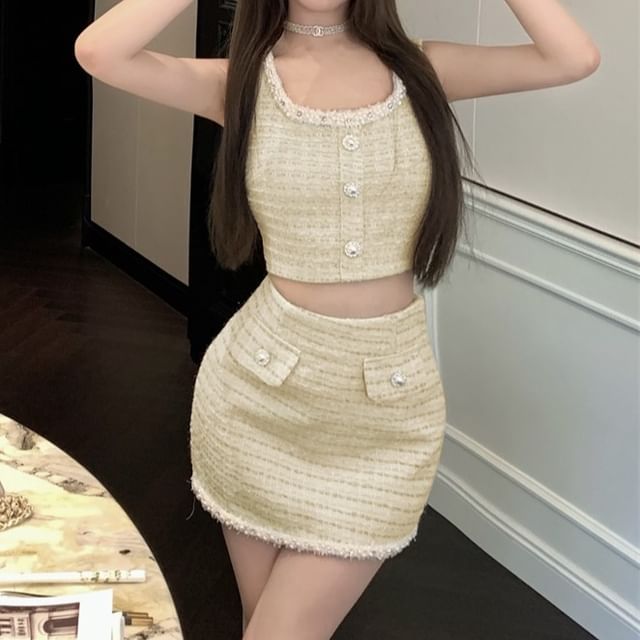 Mini Top Pearl Button Crop + Tweed Scoop Beaded Pencil High Faux Neck Waist Skirt Set: Sleeveless