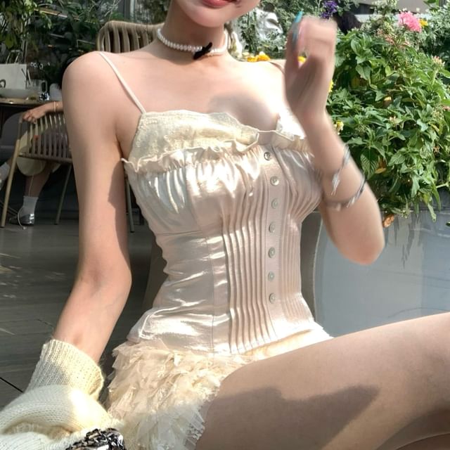 Plain High / Top Waist Shorts Mesh Button Cardigan Satin Panel V-Neck Lace Tiered Pointelle Camisole