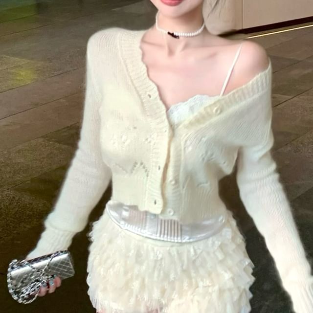 Plain High / Top Waist Shorts Mesh Button Cardigan Satin Panel V-Neck Lace Tiered Pointelle Camisole