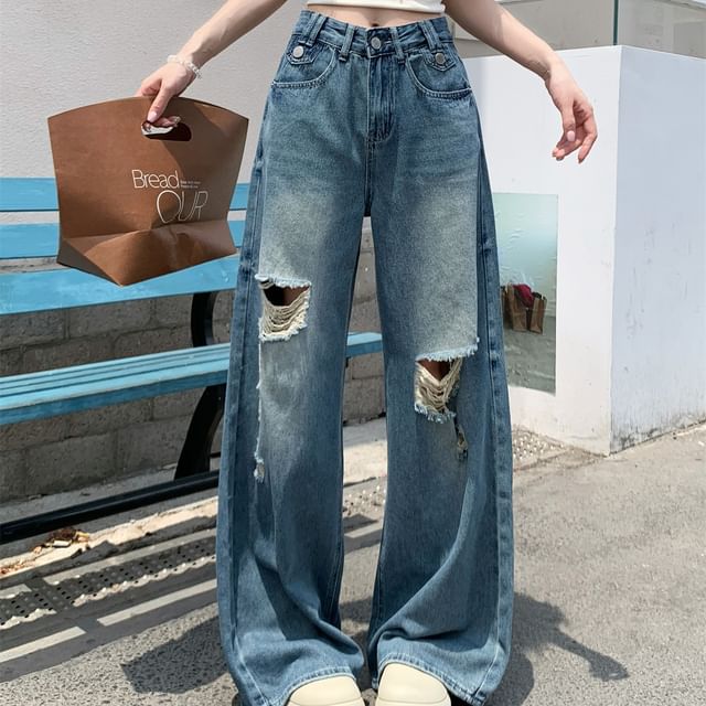 Waist Wide Washed Mid Leg Ripped Jeans