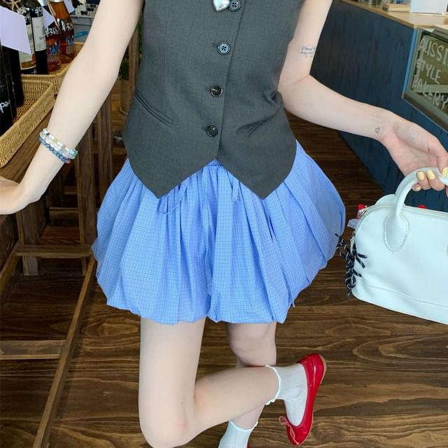 A-Line Balloon Drawstring Sleeveless One Shoulder Skirt Plain Waist / Top Button Mini