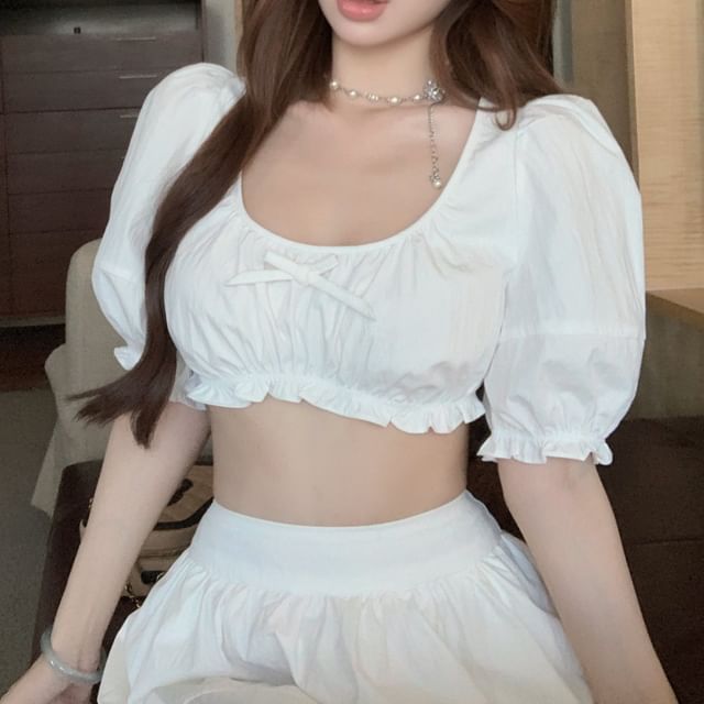 Bow A-Line Plain / High Maxi Scoop Frill Sleeveless Skirt Crop Rise Neck Blouse