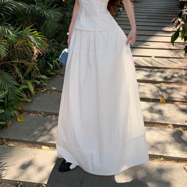 Bow A-Line Plain / High Maxi Scoop Frill Sleeveless Skirt Crop Rise Neck Blouse