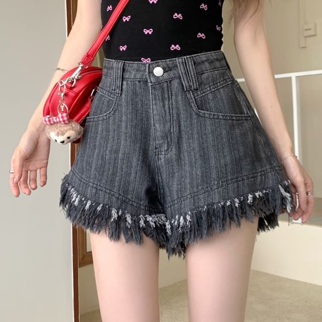 Fringe Waist Shorts High Washed Denim