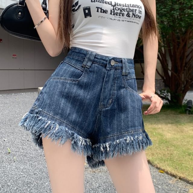 Fringe Waist Shorts High Washed Denim
