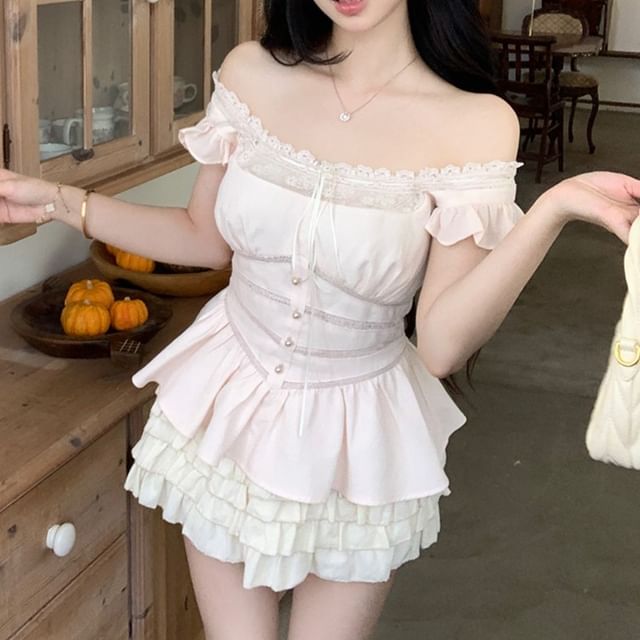 Blouse Plain Panel Neck Ruffle Square Lace Sleeveless Bow