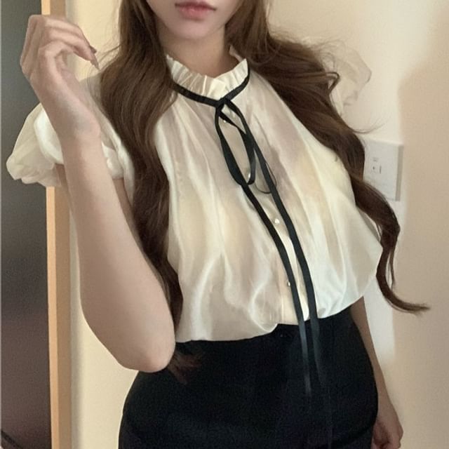 Blouse Plain High Collar Stand Bow Waist Cap Sleeve Frill / Shorts